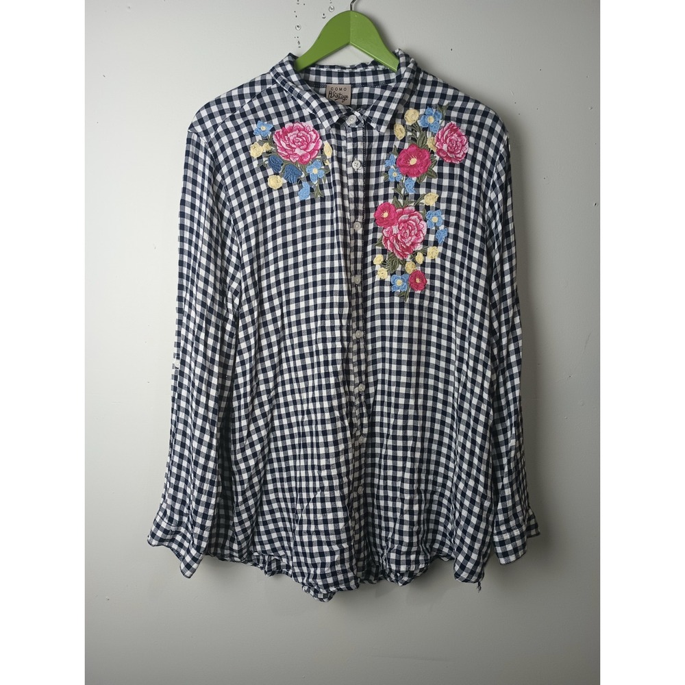 Como Vtg Gingham Floral Embroidered Button Down Shirt Navy White 2X Z2U009TSC‎